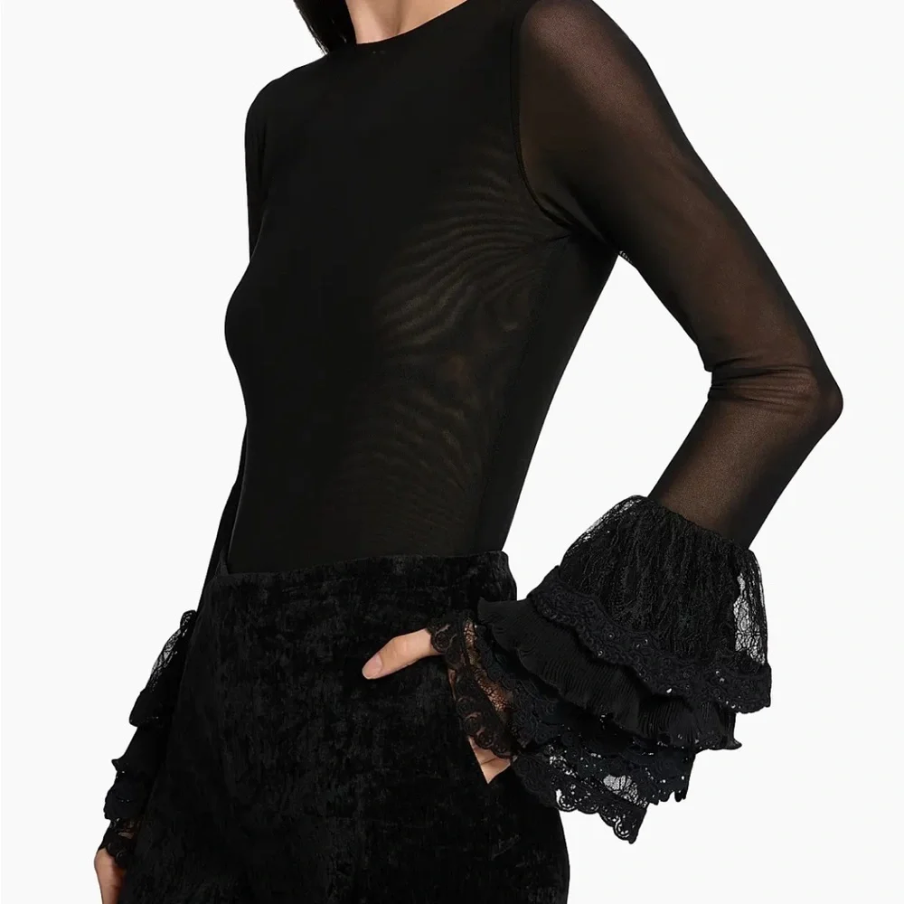 Alice + Olivia Sheer Black Blouse with Lace Bell Sleeves Size Large NEW - Picture 5 of 7